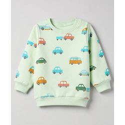 Babyhug 100% Cotton Terry Knit Striped Sweatshirt with Full Sleeves & Cars Print Pack of 2 - Light Blue & Light Green