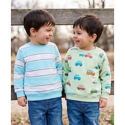 Babyhug 100% Cotton Terry Knit Striped Sweatshirt with Full Sleeves & Cars Print Pack of 2 - Light Blue & Light Green