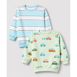 Babyhug 100% Cotton Terry Knit Striped Sweatshirt with Full Sleeves & Cars Print Pack of 2 - Light Blue & Light Green