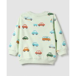 Babyhug 100% Cotton Terry Knit Striped Sweatshirt with Full Sleeves & Cars Print Pack of 2 - Light Blue & Light Green