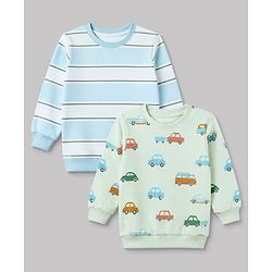 Babyhug 100% Cotton Terry Knit Striped Sweatshirt with Full Sleeves & Cars Print Pack of 2 - Light Blue & Light Green