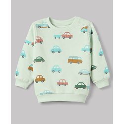 Babyhug 100% Cotton Terry Knit Striped Sweatshirt with Full Sleeves & Cars Print Pack of 2 - Light Blue & Light Green