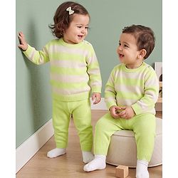 Babyhug Knit Full Sleeves Striped Sweater Set - Lime Green