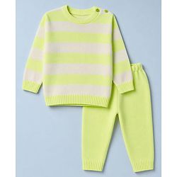 Babyhug Knit Full Sleeves Striped Sweater Set - Lime Green