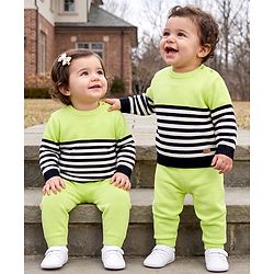 Babyhug Knit Full Sleeves Sweater Set With Stripes - Limegreen