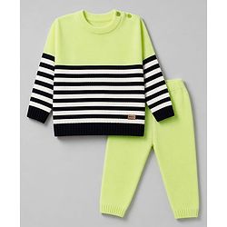 Babyhug Knit Full Sleeves Sweater Set With Stripes - Limegreen