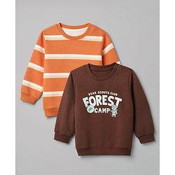 Babyhug 100% Cotton Terry Knit Sweatshirts with Full Sleeves and Bear Print in Pack of 2 in Brown & Orange