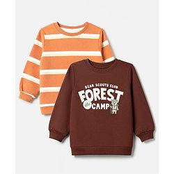 Babyhug 100% Cotton Terry Knit Sweatshirts with Full Sleeves and Bear Print in Pack of 2 in Brown & Orange