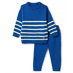 Babyhug Knit Full Sleeves Striped Sweater Set - Blue