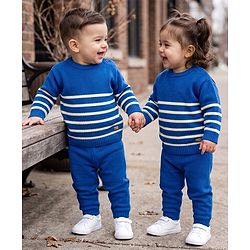 Babyhug Knit Full Sleeves Striped Sweater Set - Blue
