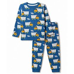 Babyhug 100% Cotton Knit Full Sleeves Co-Ords T-Shirt & Pyjama Night Suit with Truck Print - Navy Blue