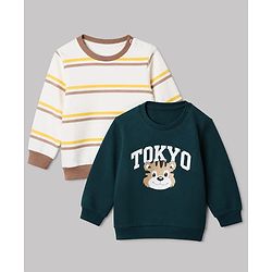 Babyhug 100% Cotton Heavy Gauge Terry Knit Striped Sweatshirts With Full Sleeves and Tiger Print Pack of 2 - Dark Green & Beige