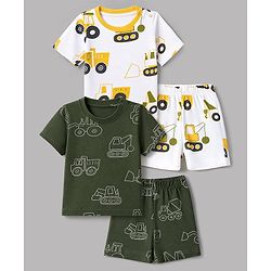 Babyhug 100% Cotton Knit Half Sleeves Co-Ords T-Shirt & Shorts Night Suit with Vehicle Print Pack of 2 - Green & White