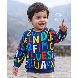 Babyhug 100% Cotton Terry Knit Sweatshirt with Full Sleeves and Alphabet Print - Navy Blue