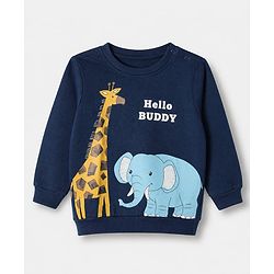 Babyhug 100% Cotton Terry Knit Full Sleeves Sweatshirt with Giraffe & Elephant Print in Blue