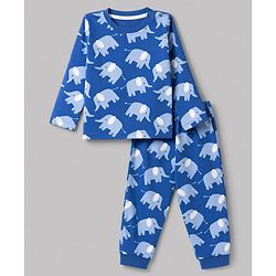 Babyhug 100% Cotton Knit Full Sleeves Co-Ords T-Shirt & Pyjama Night Suit with Elephant Print - Blue