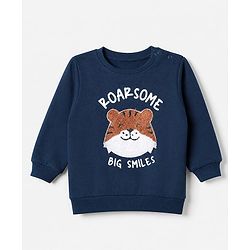 Babyhug 100% Cotton Terry Sweatshirt with Full Sleeves and Tiger Applique in Navy Blue for 6-9 Months