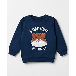 Babyhug 100% Cotton Terry Sweatshirt with Full Sleeves and Tiger Applique in Navy Blue for 6-9 Months