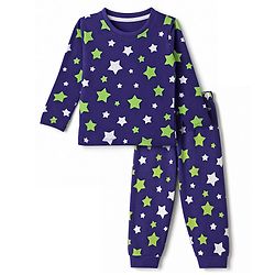 Babyhug 100% Cotton Knit Full Sleeves Co-Ords T-Shirt & Pyjama NIght Suit with Star Print - Purple