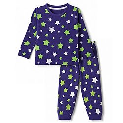Babyhug 100% Cotton Knit Full Sleeves Co-Ords T-Shirt & Pyjama NIght Suit with Star Print - Purple
