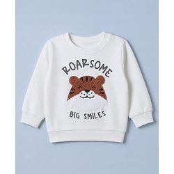 Babyhug 100% Cotton Terry Knit Sweatshirt with Full Sleeves and Tiger Applique in Offwhite