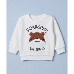 Babyhug 100% Cotton Terry Knit Sweatshirt with Full Sleeves and Tiger Applique in Offwhite