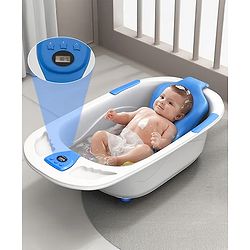 Babyhug Baby Bath Tub with Bath Rack & Temperature Sensor - White Blue| Detachable Bather Support| Anti-Slip Base| Suitable for 0 to 3 Years| Drain Plug