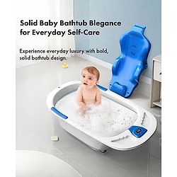 Babyhug Baby Bath Tub with Bath Rack & Temperature Sensor - White Blue| Detachable Bather Support| Anti-Slip Base| Suitable for 0 to 3 Years| Drain Plug