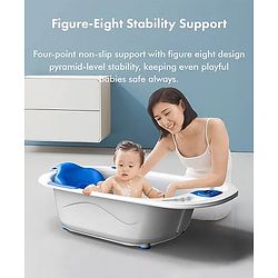Babyhug Baby Bath Tub with Bath Rack & Temperature Sensor - White Blue| Detachable Bather Support| Anti-Slip Base| Suitable for 0 to 3 Years| Drain Plug