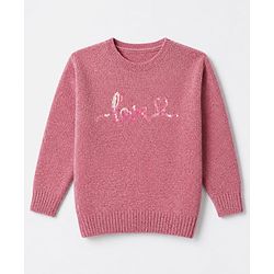 Babyhug Knit Full Sleeves Sweater Set With Love Sequins - Pink
