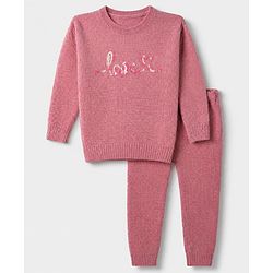 Babyhug Knit Full Sleeves Sweater Set With Love Sequins - Pink