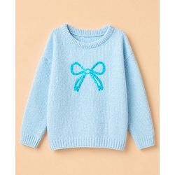 Babyhug Knit Full Sleeves Sweater Set With Bow Embroidery - Light Blue