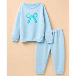 Babyhug Knit Full Sleeves Sweater Set With Bow Embroidery - Light Blue
