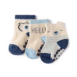 Cute Walk by Babyhug Cotton Knit Anti-bacterial Anti-skid Ankle Length Striped Socks With Animal & Text Design Pack of 3 - Beige