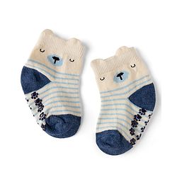 Cute Walk by Babyhug Cotton Knit Anti-bacterial Anti-skid Ankle Length Striped Socks With Animal & Text Design Pack of 3 - Beige