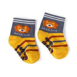 Cute Walk by Babyhug Cotton Knit Anti-bacterial Anti-skid Ankle Length Striped Socks With Animal & Star Design Pack of 3 - Grey, Yellow & White