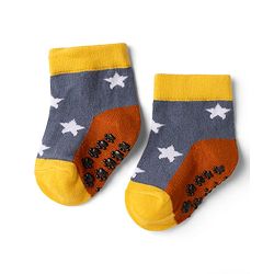 Cute Walk by Babyhug Cotton Knit Anti-bacterial Anti-skid Ankle Length Striped Socks With Animal & Star Design Pack of 3 - Grey, Yellow & White