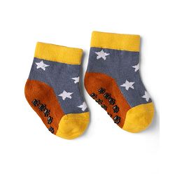 Cute Walk by Babyhug Cotton Knit Anti-bacterial Anti-skid Ankle Length Striped Socks With Animal & Star Design Pack of 3 - Grey, Yellow & White