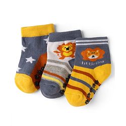 Cute Walk by Babyhug Cotton Knit Anti-bacterial Anti-skid Ankle Length Striped Socks With Animal & Star Design Pack of 3 - Grey, Yellow & White