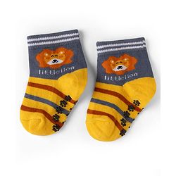 Cute Walk by Babyhug Cotton Knit Anti-bacterial Anti-skid Ankle Length Striped Socks With Animal & Star Design Pack of 3 - Grey, Yellow & White