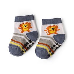 Cute Walk by Babyhug Cotton Knit Anti-bacterial Anti-skid Ankle Length Striped Socks With Animal & Star Design Pack of 3 - Grey, Yellow & White