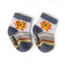 Cute Walk by Babyhug Cotton Knit Anti-bacterial Anti-skid Ankle Length Striped Socks With Animal & Star Design Pack of 3 - Grey, Yellow & White