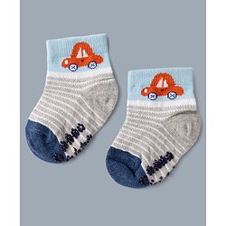Cute Walk by Babyhug Cotton Knit Anti-bacterial Anti-skid Ankle Length Striped Socks With Vehicle Design Pack of 3 - White, Light Blue & Grey
