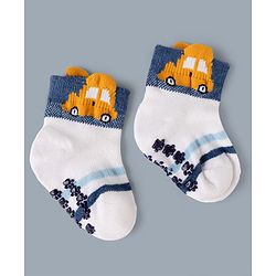 Cute Walk by Babyhug Cotton Knit Anti-bacterial Anti-skid Ankle Length Striped Socks With Vehicle Design Pack of 3 - White, Light Blue & Grey