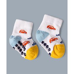 Cute Walk by Babyhug Cotton Knit Anti-bacterial Anti-skid Ankle Length Striped Socks With Vehicle Design Pack of 3 - White, Light Blue & Grey