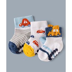 Cute Walk by Babyhug Cotton Knit Anti-bacterial Anti-skid Ankle Length Striped Socks With Vehicle Design Pack of 3 - White, Light Blue & Grey