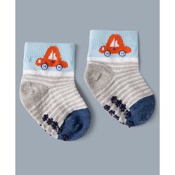 Cute Walk by Babyhug Cotton Knit Anti-bacterial Anti-skid Ankle Length Striped Socks With Vehicle Design Pack of 3 - White, Light Blue & Grey
