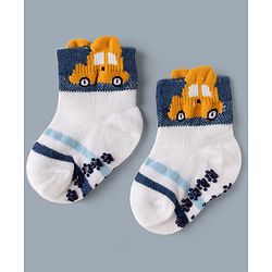 Cute Walk by Babyhug Cotton Knit Anti-bacterial Anti-skid Ankle Length Striped Socks With Vehicle Design Pack of 3 - White, Light Blue & Grey