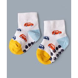 Cute Walk by Babyhug Cotton Knit Anti-bacterial Anti-skid Ankle Length Striped Socks With Vehicle Design Pack of 3 - White, Light Blue & Grey