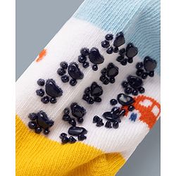 Cute Walk by Babyhug Cotton Knit Anti-bacterial Anti-skid Ankle Length Striped Socks With Vehicle Design Pack of 3 - White, Light Blue & Grey